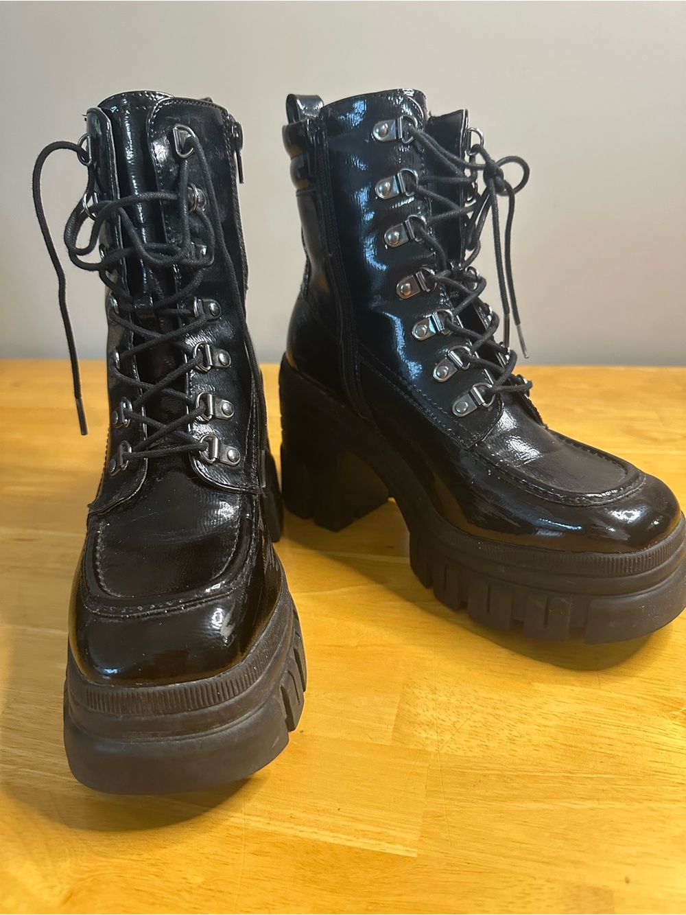 Call It Spring Vegan Leather Black Patent Lace-Up Platform Ankle Boots. Size 9